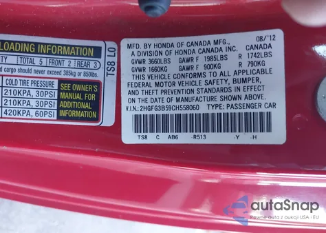 2012 Honda Civic Lx z USA, uszkodzony, nr VIN 2HGFG3B59CH558060